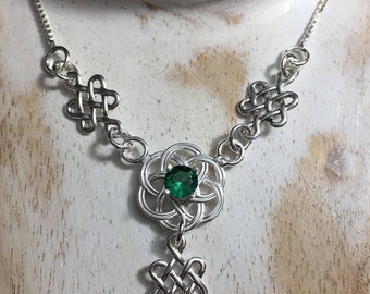 Celtic Irish Knot Emerald Necklace in Sterling Silver, Scottish Symbolic Necklaces, Irish Jewelry, Gifts for Her