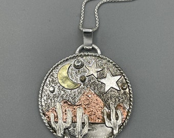 Southwest Nature Mix Metal Cactus Mountain Necklace, Gift For Her, Mixed Metal Sterling Silver, Copper, Gold, Nature Necklace, Hiking