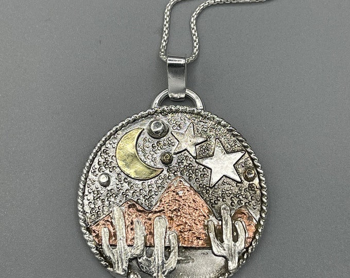 Southwest Nature Mix Metal Cactus Mountain Necklace, Gift For Her, Mixed Metal Sterling Silver, Copper, Gold, Nature Necklace, Hiking