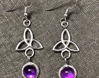 Celtic Amethyst Drop Earrings in Sterling Silver, Irish Charmed Dangle Earrings, Simple Trinity Knot Earrings, Gifts For Her