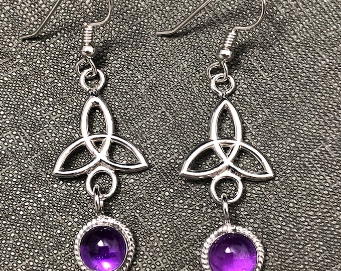 Celtic Amethyst Drop Earrings in Sterling Silver, Irish Charmed Dangle Earrings, Simple Trinity Knot Earrings, Gifts For Her