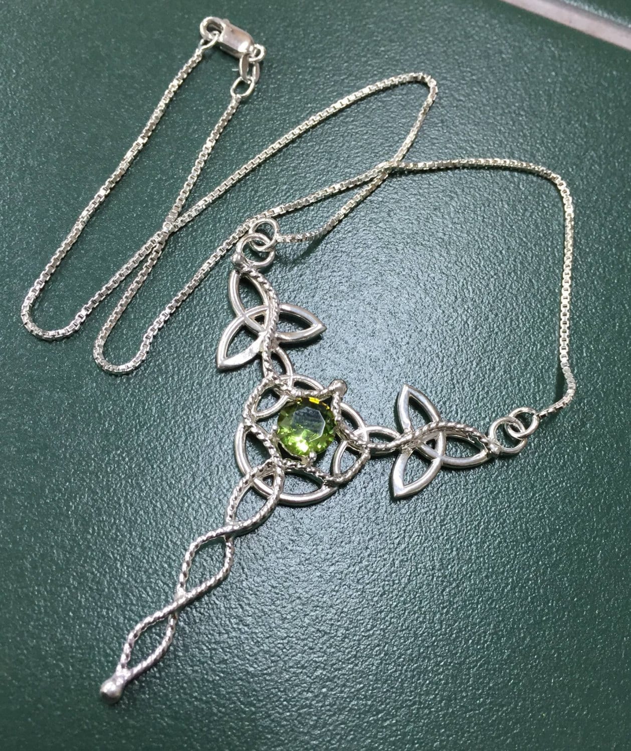 Celtic Trinity Knot Gemstone Necklace in Sterling Silver, Irish Peridot