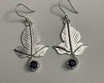 Leaf Dangle Drop Earrings in Sterling Silver with Sapphire Gemstone, Gifts For Her