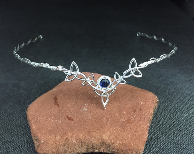 Elvish Sterling Silver Celtic Knot Tiara with Sapphire: Irish Wedding Headpiece