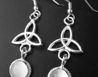 Handmade Sterling Silver Celtic Trinity Knot Earrings with Moonstones, Irish Dangle Earrings, Gifts For Her