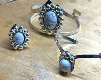 Sterling Silver White Turquoise Bracelet - Custom Made Stevie Nicks Style 70s Cuff Bracelet Set, Ring and Small Bracelet, Gifts For Her