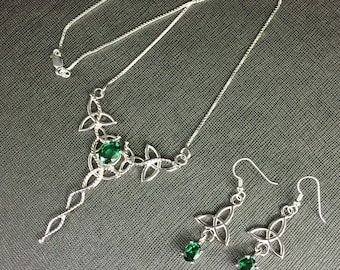 Irish Emerald Necklace & Earring Set, Gifts For Her, Sterling Silver Celtic Necklace and Earrings, Emerald  Victorian Jewelry, Wedding Set