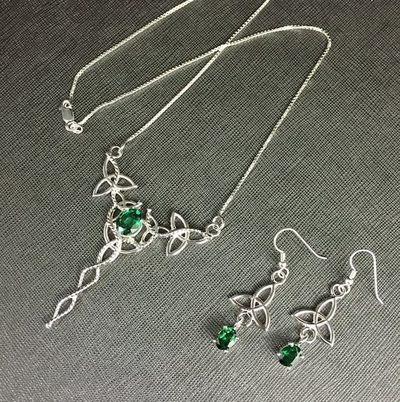Irish Emerald Necklace & Earring Set, Gifts For Her, Sterling Silver Celtic Necklace and Earrings, Emerald  Victorian Jewelry, Wedding Set