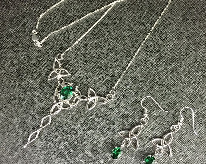 Irish Emerald Necklace & Earring Set, Gifts For Her, Sterling Silver Celtic Necklace and Earrings, Emerald  Victorian Jewelry, Wedding Set