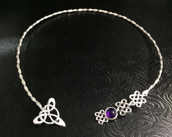 Sterling Silver Neck Torc: Artisan Celtic Knot Gemstone Neck Ring, Renaissance Jewelry, Elvish, Collarbone Necklace