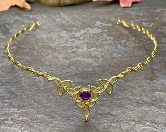 Sterling Silver 925 Celtic Trinity Knot Wedding Tiara: 24K Gold Plated Emerald Diadem, Irish Circlet, Fantasy Wedding, Gifts For Het
