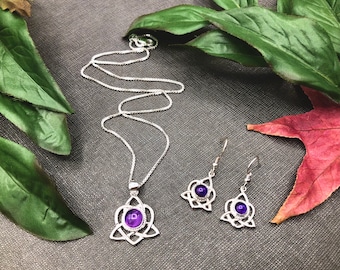 Celtic Knot Amethyst Sterling Silver Jewelry Set: Irish Earrings & Necklace