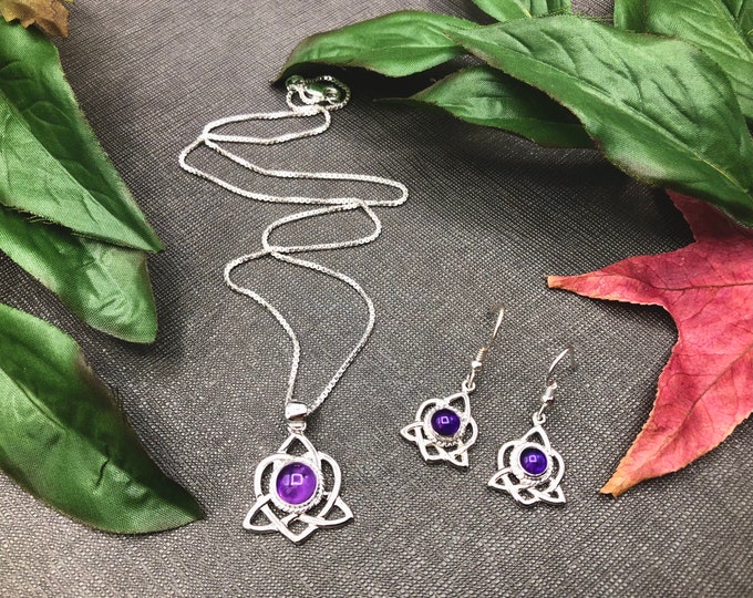 Celtic Knot Amethyst Earrings and Necklace Set Sterling Silver, Artisan Irish Earrings and Necklace Combo with Gemstone Choice, 925