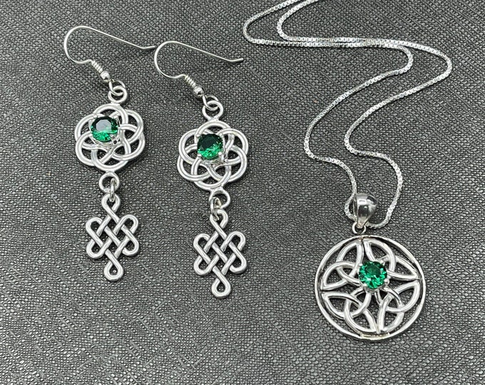 Celtic Knot Sterling Silver Necklace and Earrings Set, Irish Jewelry, Celtic Knot Necklace with Matching Earrings, Gifts For Her