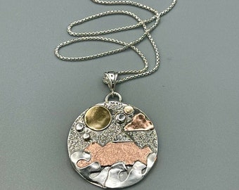 Mountain Nature Ocean Mixed Metal Landscape Necklace, Gift For Her, TriMetal Sterling Silver, Copper, Gold, Nature Necklace, Hiking, Rustic