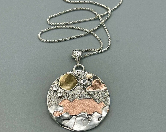 Mountain Nature Ocean Mixed Metal Landscape Necklace, Gift For Her, TriMetal Sterling Silver, Copper, Gold, Nature Necklace, Hiking, Rustic
