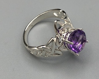 Celtic Rings, Irish Amethyst Sterling Silver Ring, Irish Celtic Knot Rings with Gemstone, Handmade Trinity Knot Rings