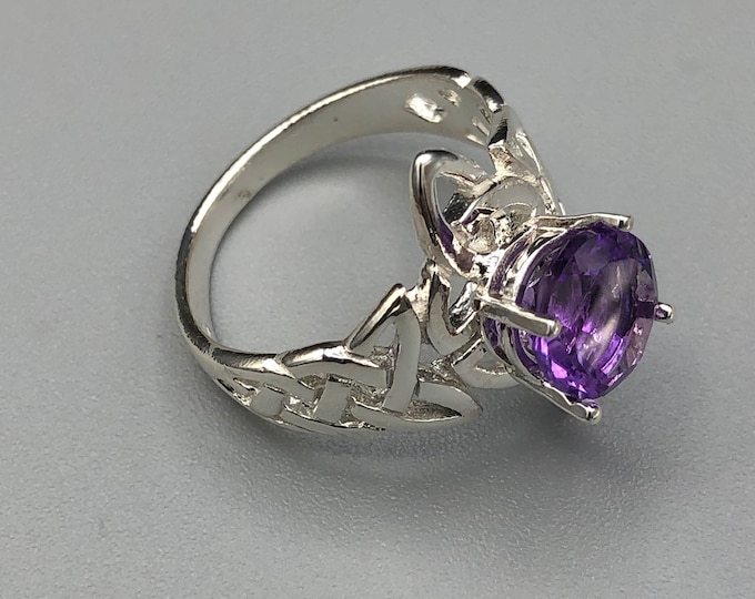 Celtic Trinity Knot Amethyst Sterling Silver Ring, Irish Celtic Knot Rings with Gemstone, Handmade Irish Trinity Knot Moonstone Rings