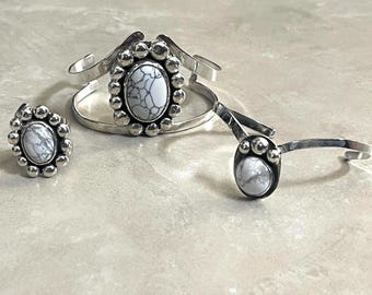 Sterling Silver White Turquoise Bracelet - Custom Made Stevie Nicks Style 70s Cuff Bracelet Set, Ring and Small Bracelet, Gifts For Her