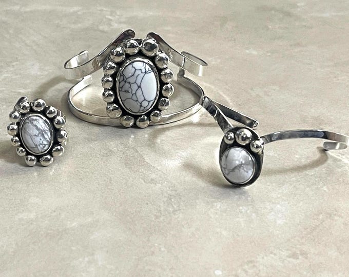Sterling Silver White Turquoise Bracelet - Custom Made Stevie Nicks Style 70s Cuff Bracelet Set, Ring and Small Bracelet, Gifts For Her