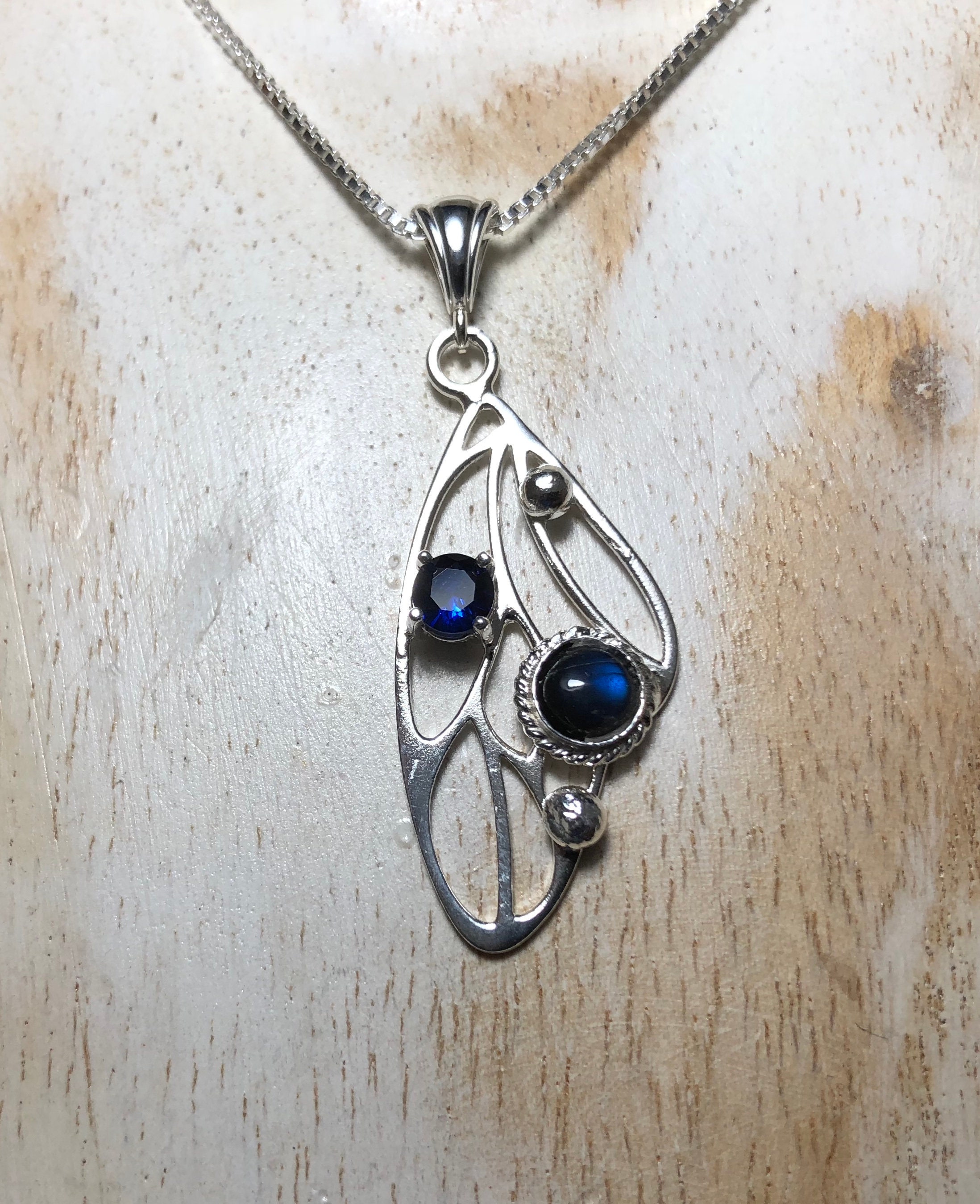 Butterfly Faery Moonstone Sapphire Necklace Sterling Silver, Boho