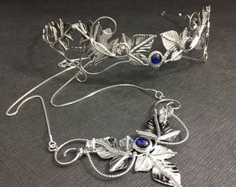 Woodland Bridal Moonstone Sapphire Tiara, Necklace, Leaf Earring Sets, Leaf Wedding Sets, Artisan Jewelry, Alternative Bridal Accessories