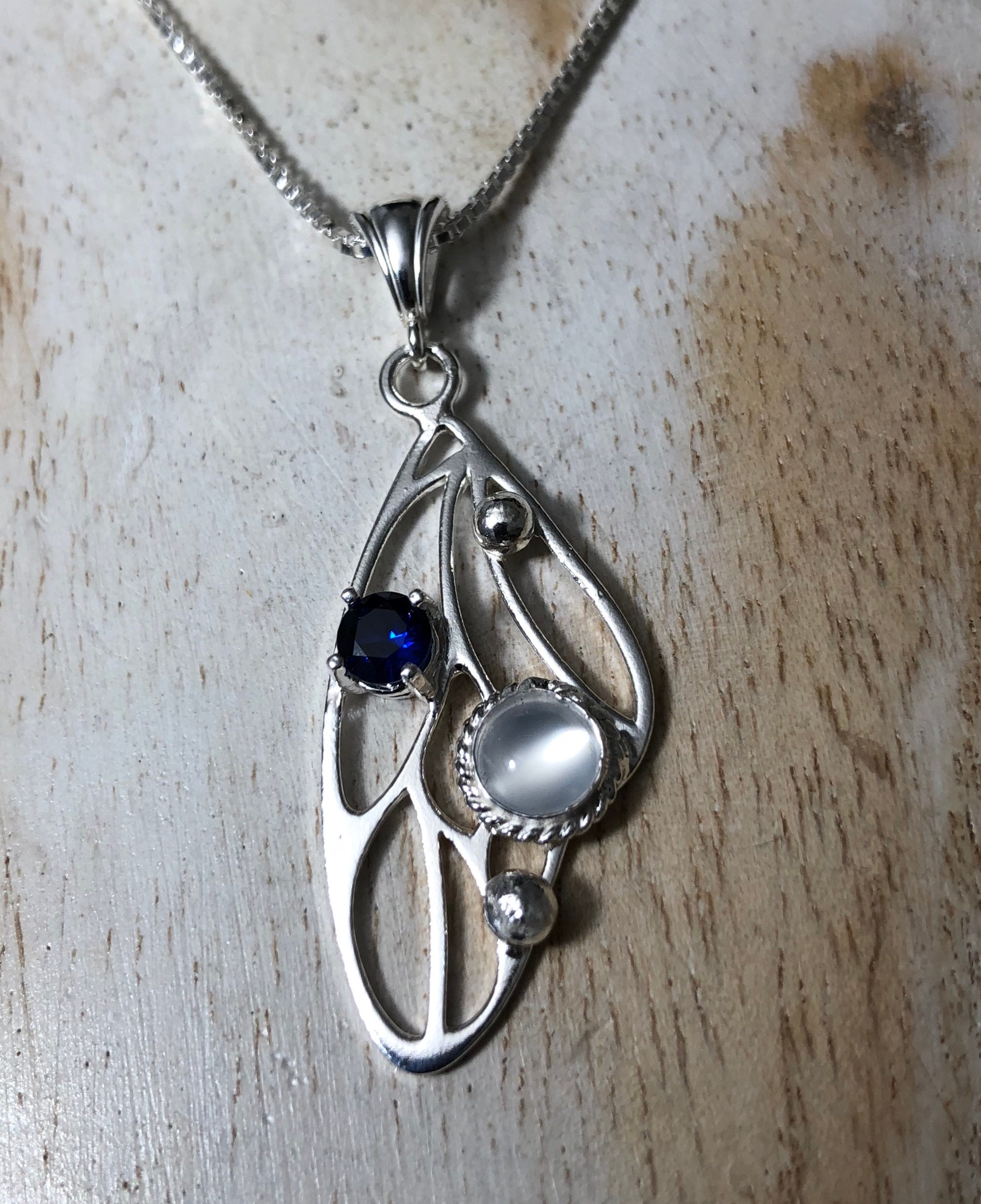 Butterfly Faery Moonstone Sapphire Necklace Sterling Silver, Boho