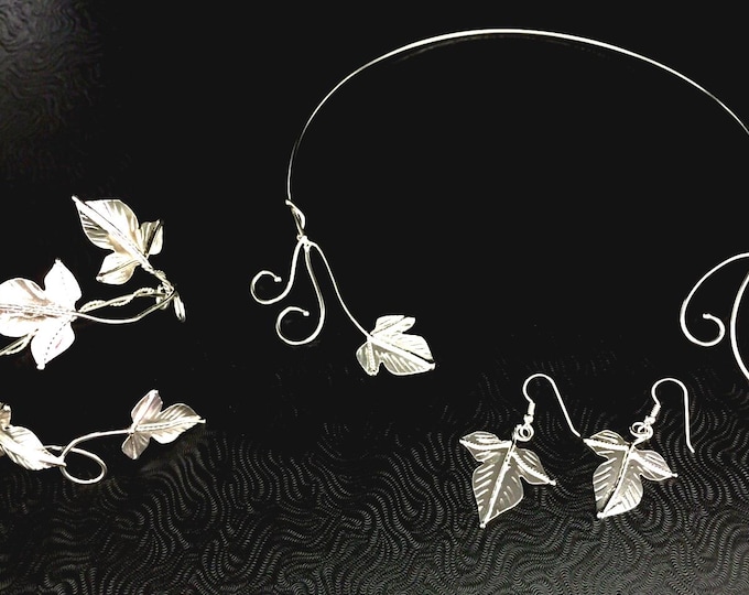 Woodland Jewelry Set Sterling Silver, Neck Ring, Bracelet Cuff, Ivy Leaf Drop Earrings, Woodland Bridal Jewelry Accessories, Gifts For Her