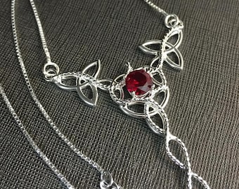 Celtic Knot Chandelier Garnet Necklace in Sterling Silver, Irish Drop Pendant Handmade Necklaces, Artisan Neck Jewelry