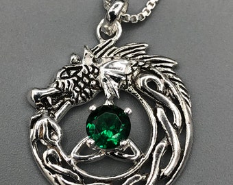 Sterling Silver Celtic Dragon Emerald Necklace: Trinity Knot Pendant, Irish Dragon Pendant, Gifts For Her