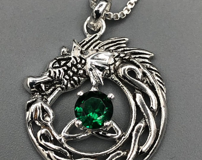 Celtic Dragon Emerald Necklace in Sterling Silver With Chain, Trinity Knot Gemstone Necklace,  Valentine's Day Gift for Her Necklace