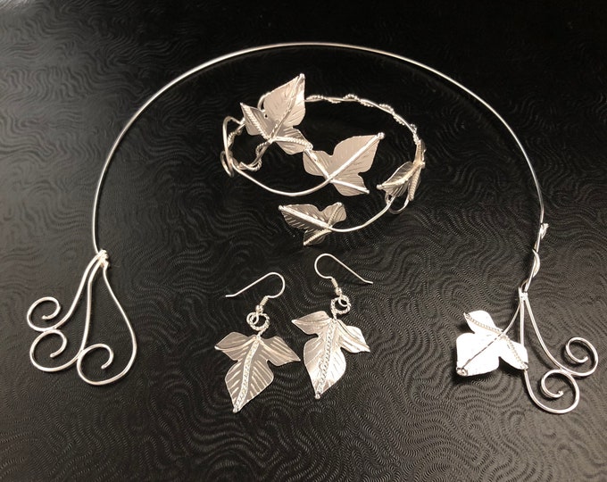 Woodland Jewelry Set in Sterling Silver, Neck Ring, Bracelet Cuff, Ivy Leaf Drop Earrings, Woodland Bridal Jewelry Accessories Handmade OOAK