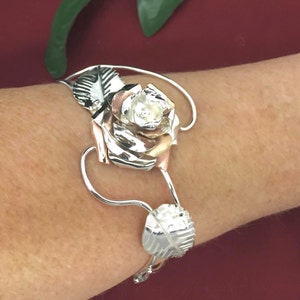 Rose Floral Cuff Bracelet in Sterling Silver, Artisan Statement Rose Petal Jewelry, Bohemian Wrist Jewelry with Floral Designs image 2