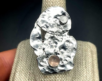 Handmade Sterling Silver Hammer Finish Abstract 2 Inch Ring with 6mm Pink Morganite  in Bezel Setting, Eclectic Rings, Art Nouveau Ring