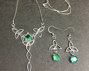 Celtic Sterling Silver Necklace and Earrings Set, Irish Jewelry Sets, Gifts For Her, Celtic Knot Necklace with Emerald, Gifts For Her