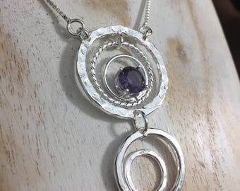 Bohemian Eternity Circles Infinity Dangling Drop Necklace, Sterling Silver Brutalist Statement Necklace with Faceted Gemstone, OOAK Handmade