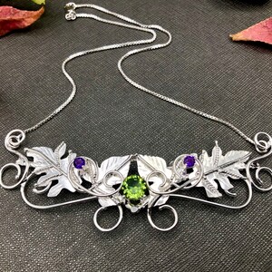 Woodland Leaves Necklace in Sterling Silver with Faceted Gemstone Choice, Elvish Bohemian Leaf Necklace, Gifts For Her, Wedding Necklace