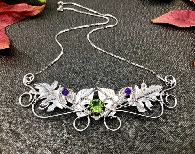 Woodland Leaves Necklace in Sterling Silver with Faceted Gemstone Choice, Elvish Bohemian Leaf Necklace, Gifts For Her, Wedding Necklace