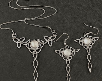 Celtic Trinity Knot Moonstone Necklace and Earring Set in Sterling Silver, Handmade Bohemian Jewelry Sets, Gifts for Her, Anniversary