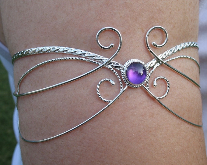 Fae Upper Arm Bracelet Sterling Silver, Upper Armlet Cuff, Elvish Renaissance Arm Torc, Wedding Accessory