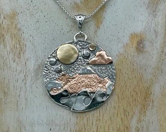 Mountain Nature Mixed Metal Landscape Necklace, Gift For Her, TriMetal Sterling Silver, Copper, Gold, Nature Necklace, Hiking, Rustic