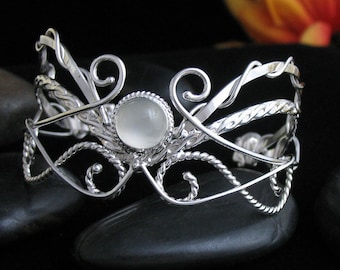 Elvish Handmade Sterling Silver Moonstone Bracelet Cuff, Bohemian Cuff Bracelet, Fantasy Wedding, Gifts For Her