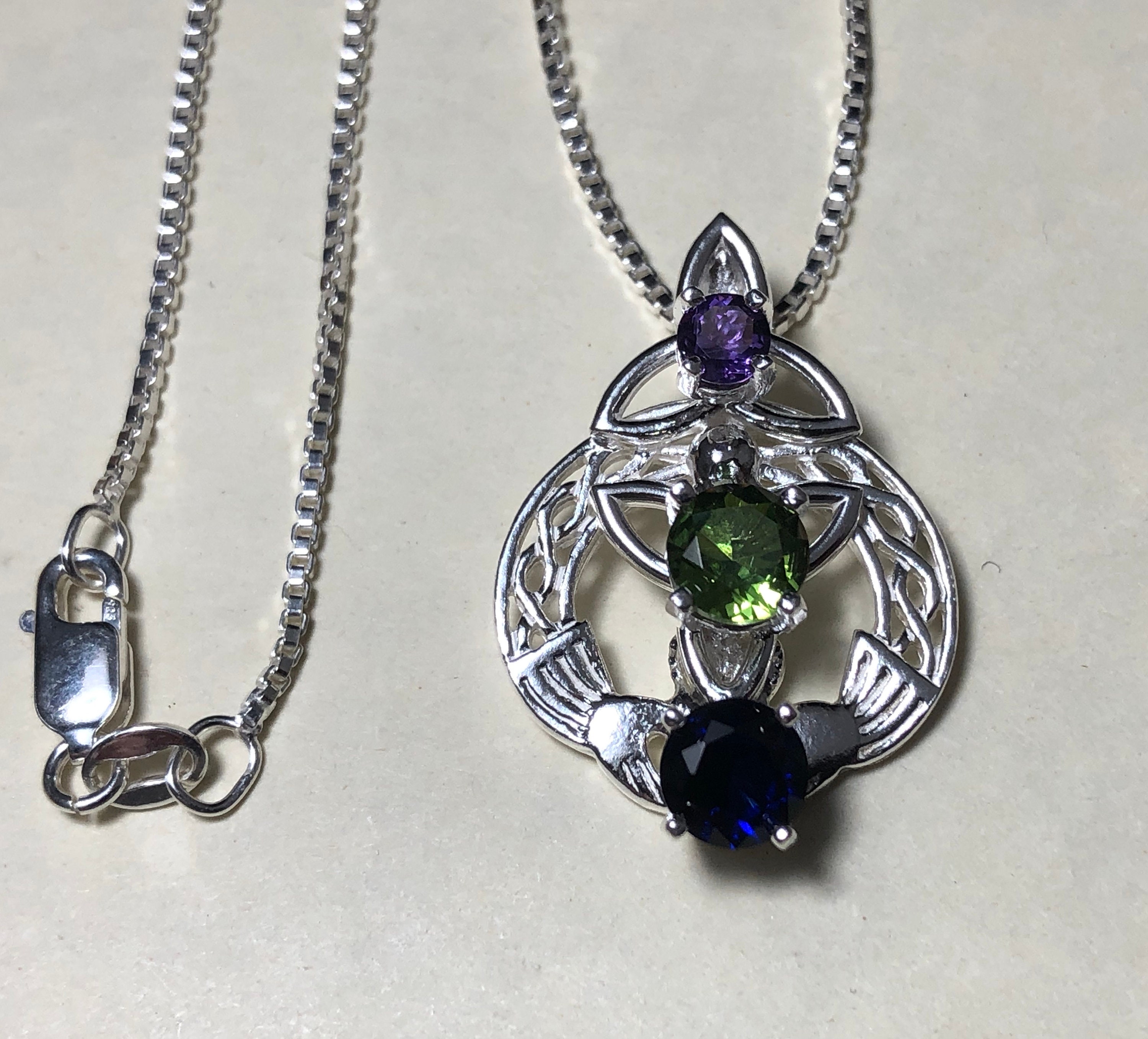 Claddagh Gemstone Irish Necklace in Sterling Silver, Gifts For Her