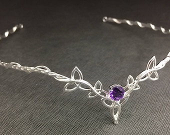 Sterling Silver Celtic Trinity Knot 8mm Amethyst Tiara:  Wedding Diadem, Irish Wedding, Gifts For Her, Fantasy Wedding