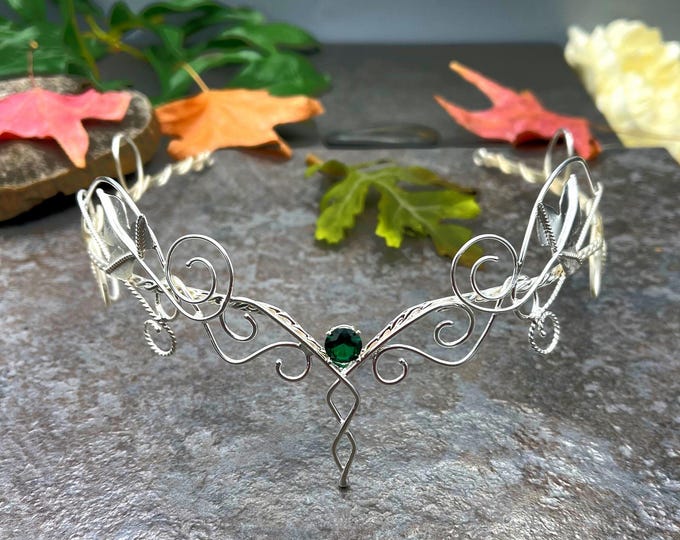 Sterling Silver Emerald Leaf Woodland Tiara Circlet, Gothic Nordic Diadem, Norse Viking Wedding