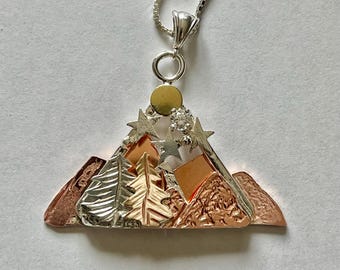Mountains Full Moon Forest Trees Mixed Metal Landscape Necklace, Gift For Her, Sterling Silver, Copper, Gold, Nature Jewelry, Handmade