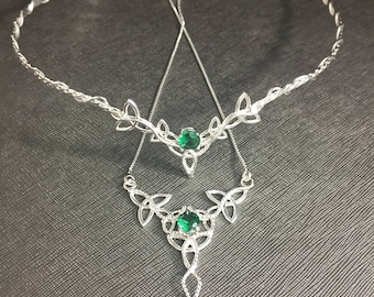 Celtic Gemstone Wedding Circlet and Necklace Set, Irish Emerald Bridal Tiara and Necklace, Celtic Wedding Sets, Scottish  Wedding