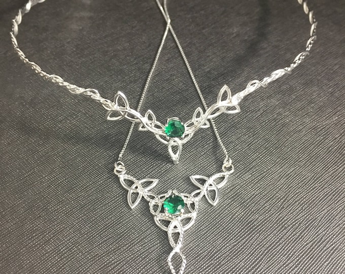 Celtic Gemstone Wedding Circlet and Necklace Set, Irish Emerald Bridal Tiara and Necklace, Celtic Wedding Sets, Scottish  Wedding