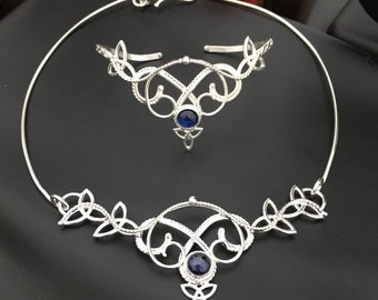 Celtic Trinity Knot Artisan Bohemian Moonstone Jewelry Set, Handmade in Sterling Silver, Neck Ring, Bracelet Cuff, Earrings 3 Piece Set