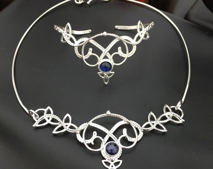 Celtic Trinity Knot Artisan Bohemian Moonstone Jewelry Set, Handmade in Sterling Silver, Neck Ring, Bracelet Cuff, Earrings 3 Piece Set